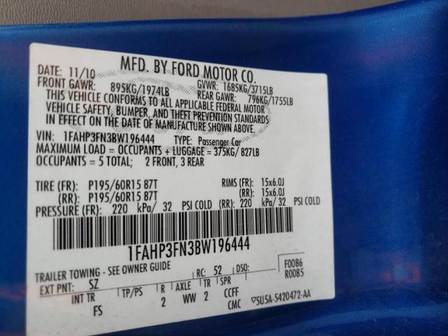 Photo 10 from auction – 2011 FORD FOCUS SE with VIN 1FAHP3FN3BW196444