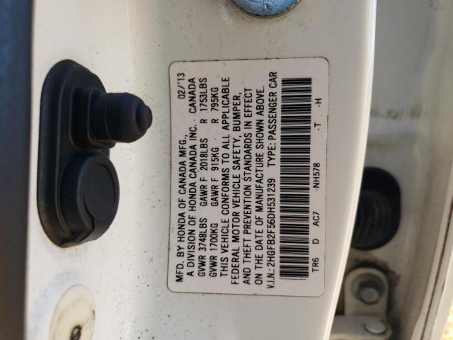 Photo 10 from auction – 2013 HONDA CIVIC LX with VIN 2HGFB2F56DH531239
