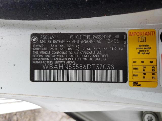 Photo 10 from auction – 2006 BMW 750 LI with VIN WBAHN83586DT37038