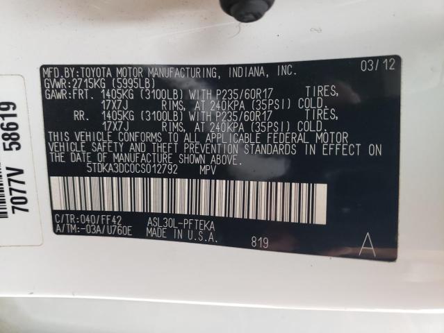 Photo 10 from auction – 2012 TOYOTA SIENNA BAS with VIN 5TDKA3DC0CS012792