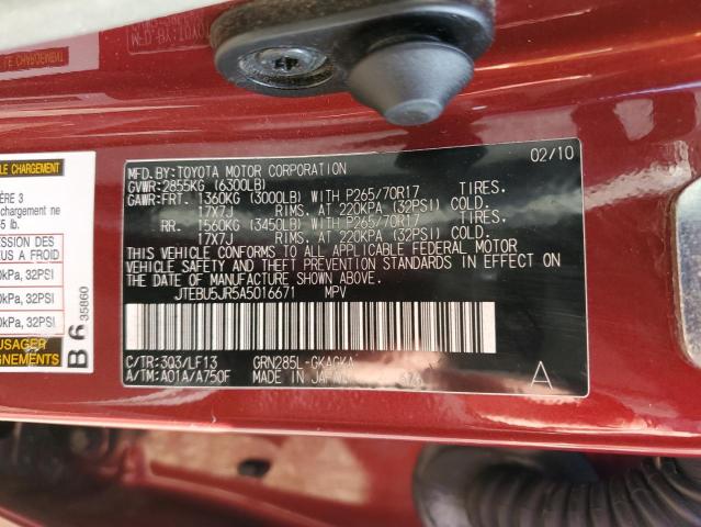 Photo 10 from auction – 2010 TOYOTA 4RUNNER SR with VIN JTEBU5JR5A5016671
