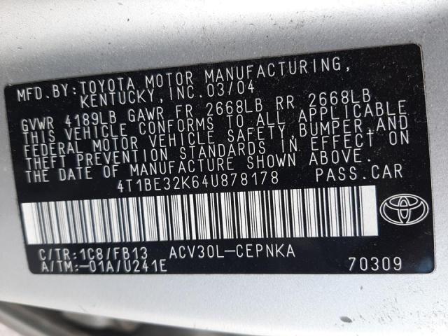Photo 10 from auction – 2004 TOYOTA CAMRY LE with VIN 4T1BE32K64U878178