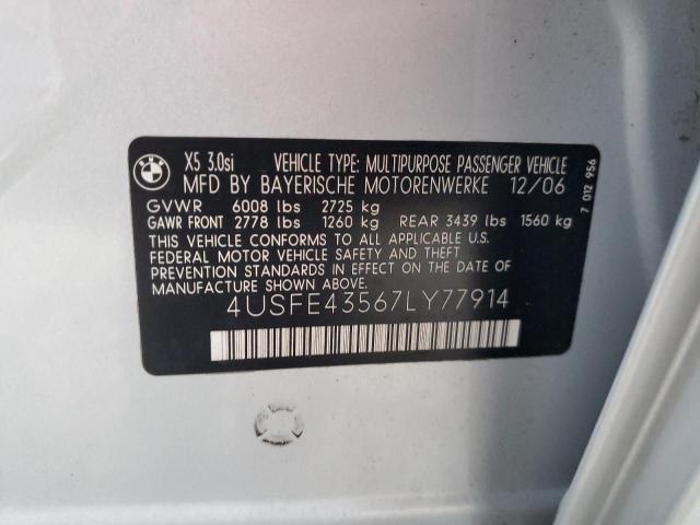 Photo 10 from auction – 2007 BMW X5 3.0I with VIN 4USFE43567LY77914