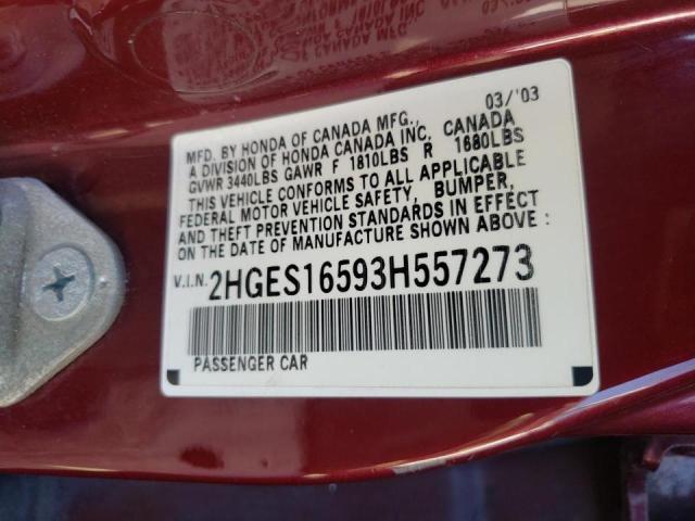 Photo 10 from auction – 2003 HONDA CIVIC LX with VIN 2HGES16593H557273