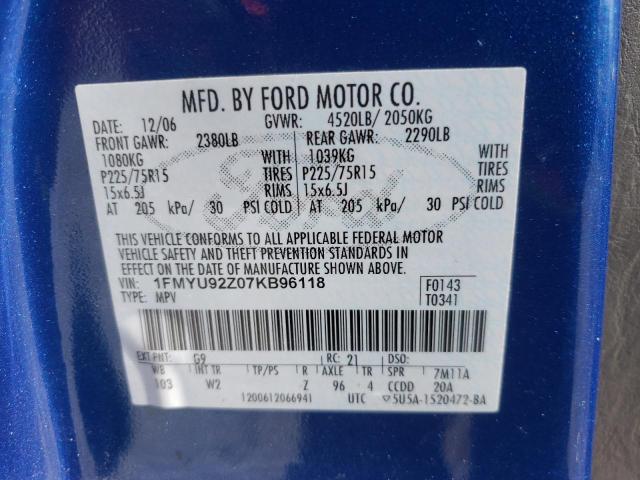 Photo 10 from auction – 2007 FORD ESCAPE XLS with VIN 1FMYU92Z07KB96118