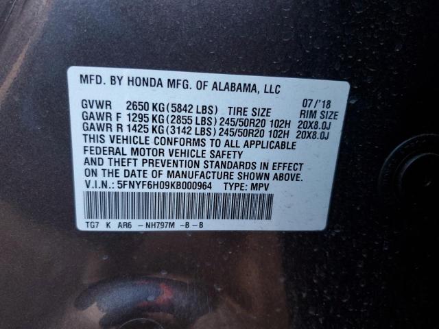 Photo 10 from auction – 2019 HONDA PILOT ELIT with VIN 5FNYF6H09KB000964