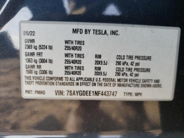 Photo 10 from auction – 2022 TESLA MODEL Y with VIN 7SAYGDEE1NF443747