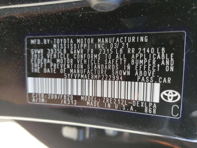 Photo 10 from auction – 2021 TOYOTA COROLLA LE with VIN 5YFVPMAE8MP222994