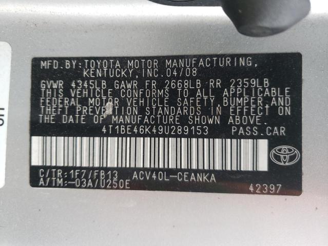 Photo 10 from auction – 2009 TOYOTA CAMRY BASE with VIN 4T1BE46K49U289153