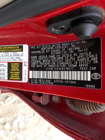 Photo 10 from auction – 2012 TOYOTA CAMRY BASE with VIN 4T4BF1FK4CR218477
