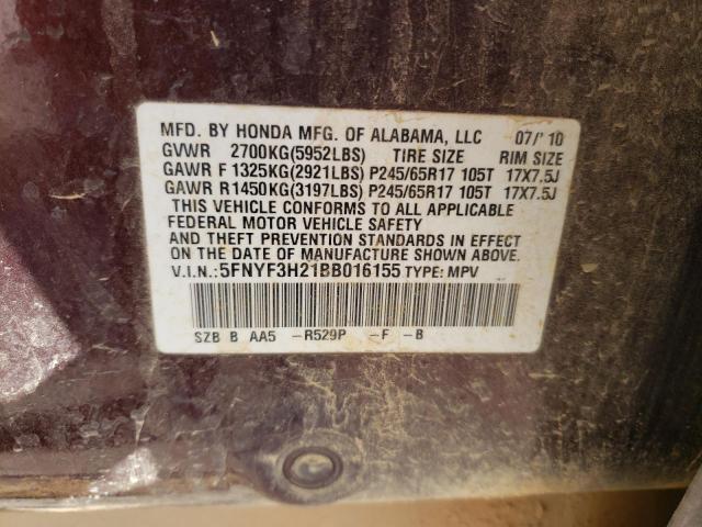 Photo 10 from auction – 2011 HONDA PILOT LX with VIN 5FNYF3H21BB016155