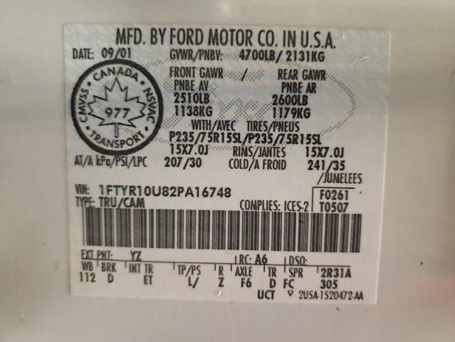 Photo 10 from auction – 2002 FORD RANGER with VIN 1FTYR10U82PA16748