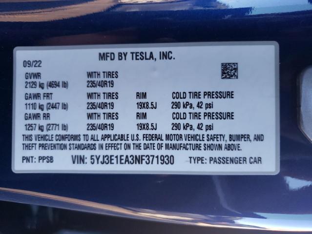 Photo 10 from auction – 2022 TESLA MODEL 3 with VIN 5YJ3E1EA3NF371930