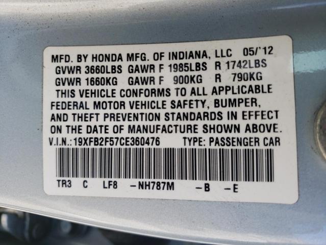 Photo 10 from auction – 2012 HONDA CIVIC LX with VIN 19XFB2F57CE360476
