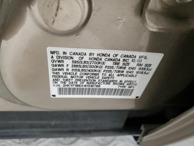 Photo 10 from auction – 2004 HONDA PILOT EXL with VIN 2HKYF186X4H518786