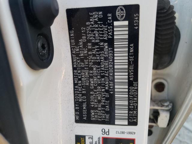 Photo 10 from auction – 2012 TOYOTA CAMRY BASE with VIN 4T4BF1FK0CR240931