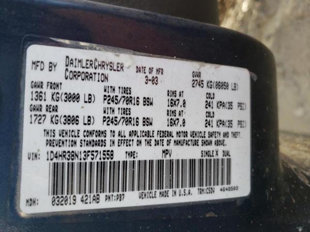 Photo 10 from auction – 2003 DODGE DURANGO SP with VIN 1D4HR38N13F571558