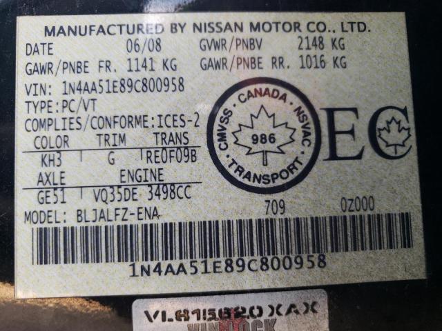 Photo 10 from auction – 2009 NISSAN MAXIMA S with VIN 1N4AA51E89C800958