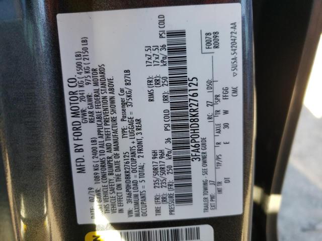 Photo 10 from auction – 2019 FORD FUSION SE with VIN 3FA6P0HD8KR276125
