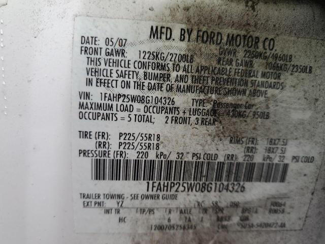 Photo 10 from auction – 2008 FORD TAURUS LIM with VIN 1FAHP25W08G104326