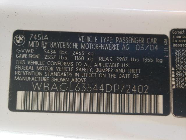 Photo 10 from auction – 2004 BMW 745 I with VIN WBAGL63544DP72402