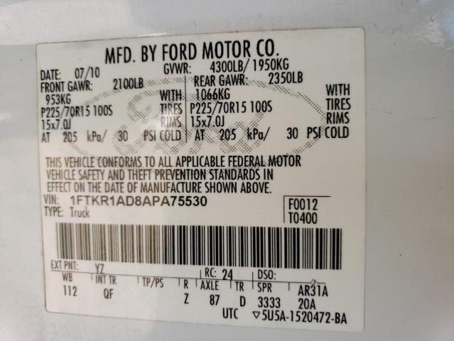 Photo 10 from auction – 2010 FORD RANGER with VIN 1FTKR1AD8APA75530