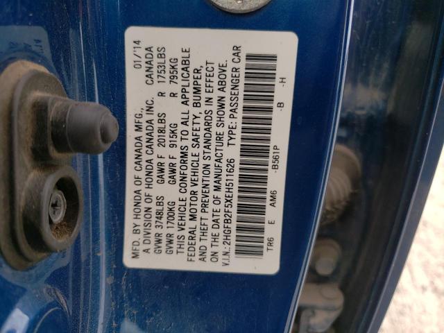 Photo 10 from auction – 2014 HONDA CIVIC LX with VIN 2HGFB2F5XEH511626