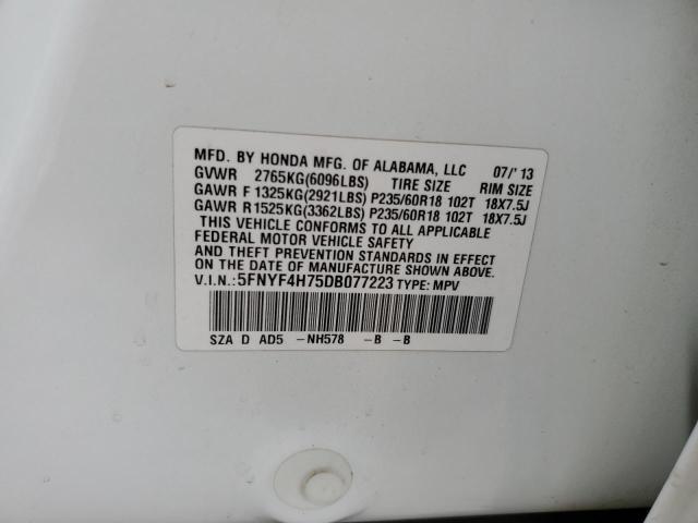 Photo 10 from auction – 2013 HONDA PILOT EXLN with VIN 5FNYF4H75DB077223