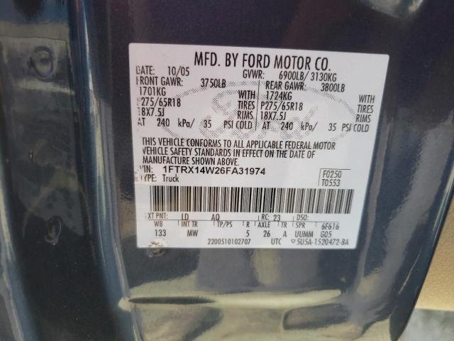 Photo 10 from auction – 2006 FORD F150 with VIN 1FTRX14W26FA31974