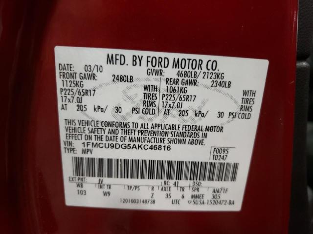 Photo 10 from auction – 2010 FORD ESCAPE XLT with VIN 1FMCU9DG5AKC46816