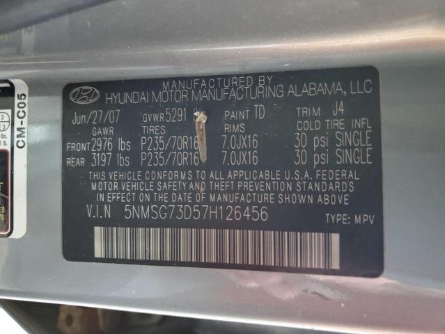 Photo 10 from auction – 2007 HYUNDAI SANTA FE G with VIN 5NMSG73D57H126456