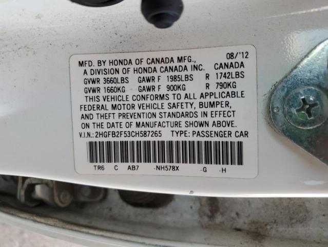 Photo 10 from auction – 2012 HONDA CIVIC LX with VIN 2HGFB2F53CH587265