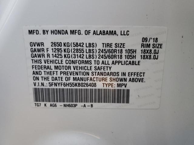 Photo 10 from auction – 2019 HONDA PILOT EXL with VIN 5FNYF6H55KB026408