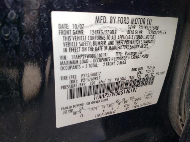 Photo 10 from auction – 2008 FORD TAURUS SEL with VIN 1FAHP27W08G140191