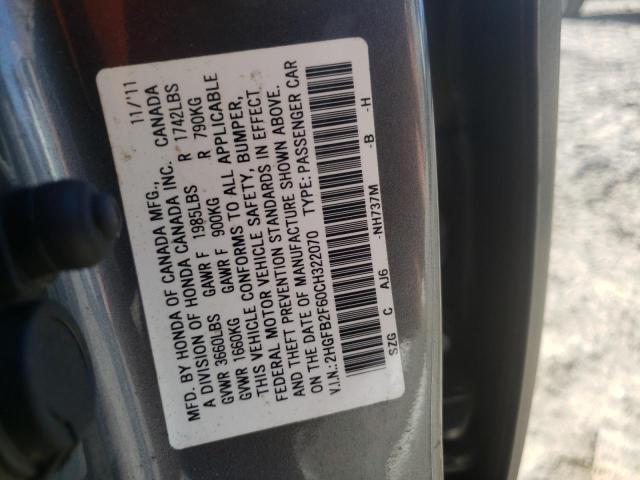 Photo 10 from auction – 2012 HONDA CIVIC HF with VIN 2HGFB2F60CH322070