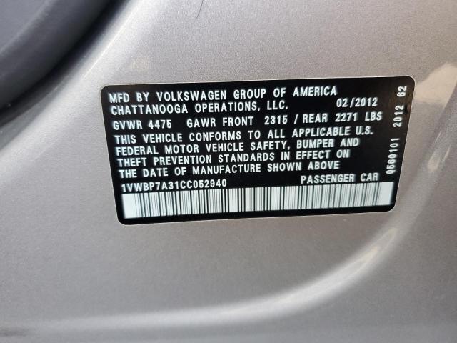 Photo 10 from auction – 2012 VOLKSWAGEN PASSAT SE with VIN 1VWBP7A31CC052940
