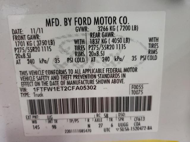 Photo 10 from auction – 2012 FORD F150 SUPER with VIN 1FTFW1ET2CFA05302