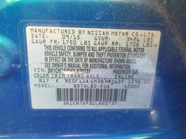 Photo 10 from auction – 2016 NISSAN VERSA S with VIN 3N1CN7AP3GL820737