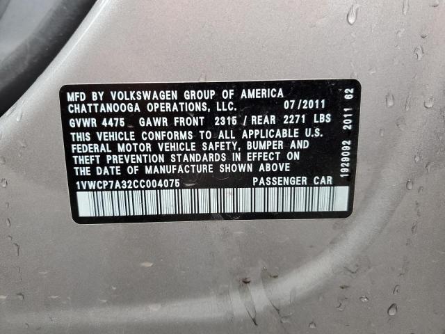 Photo 10 from auction – 2012 VOLKSWAGEN PASSAT SEL with VIN 1VWCP7A32CC004075