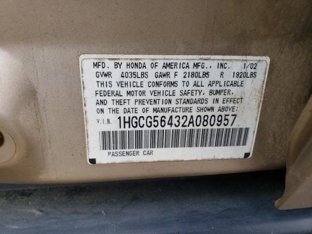 Photo 10 from auction – 2002 HONDA ACCORD LX with VIN 1HGCG56432A080957