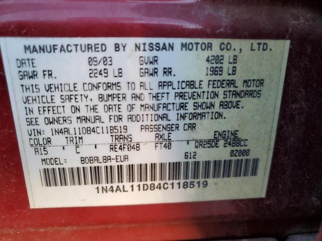 Photo 10 from auction – 2004 NISSAN ALTIMA BAS with VIN 1N4AL11D84C118519