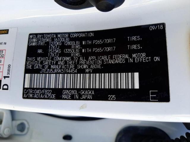 Photo 10 from auction – 2019 TOYOTA 4RUNNER SR with VIN JTEZU5JR9K5194454