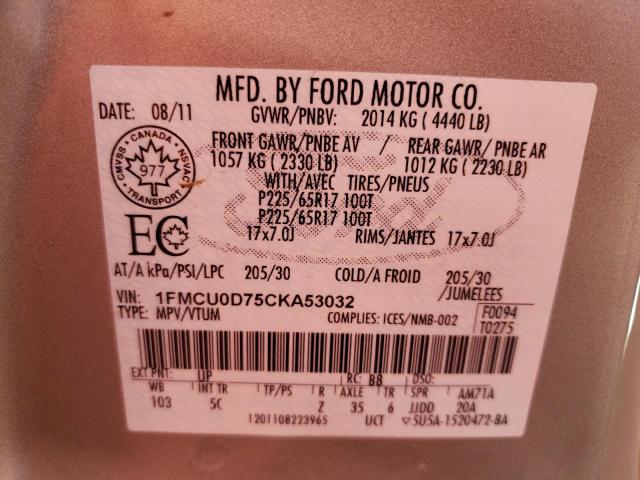 Photo 10 from auction – 2012 FORD ESCAPE XLT with VIN 1FMCU0D75CKA53032