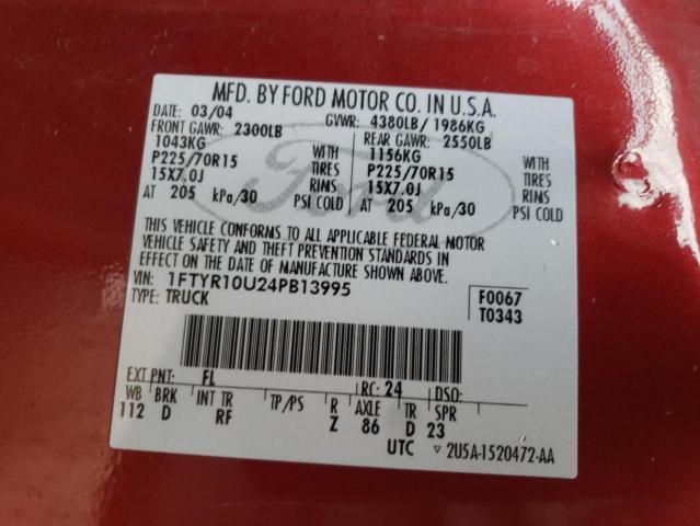Photo 10 from auction – 2004 FORD RANGER with VIN 1FTYR10U24PB13995