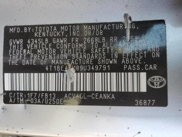 Photo 10 from auction – 2009 TOYOTA CAMRY BASE with VIN 4T1BE46K89U349791