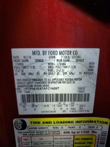 Photo 10 from auction – 2010 FORD F150 SUPER with VIN 1FTFW1E87AFC14267