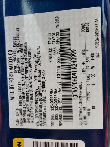Photo 10 from auction – 2017 FORD FUSION SE with VIN 3FA6P0HD9HR240999