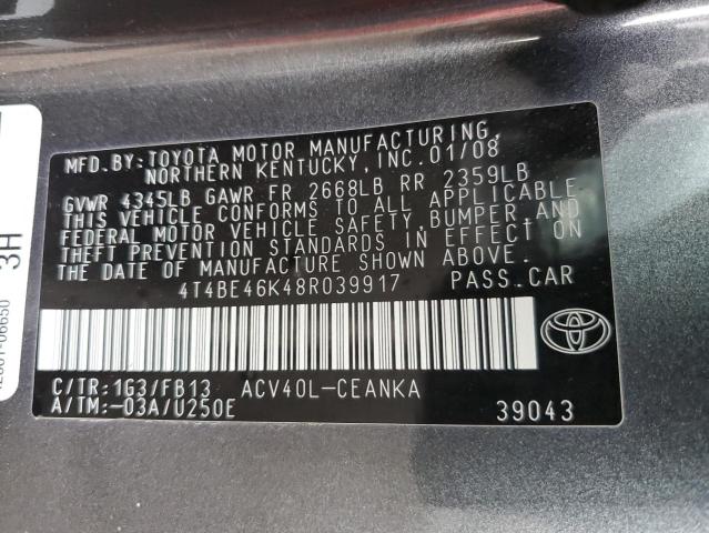 Photo 10 from auction – 2008 TOYOTA CAMRY CE with VIN 4T4BE46K48R039917