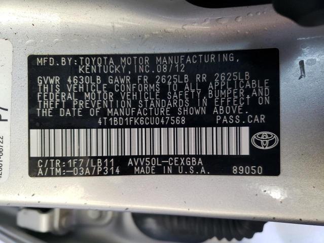 Photo 10 from auction – 2012 TOYOTA CAMRY HYBR with VIN 4T1BD1FK6CU047568