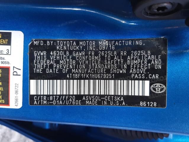 Photo 10 from auction – 2017 TOYOTA CAMRY with VIN 4T1BF1FK1HU679251